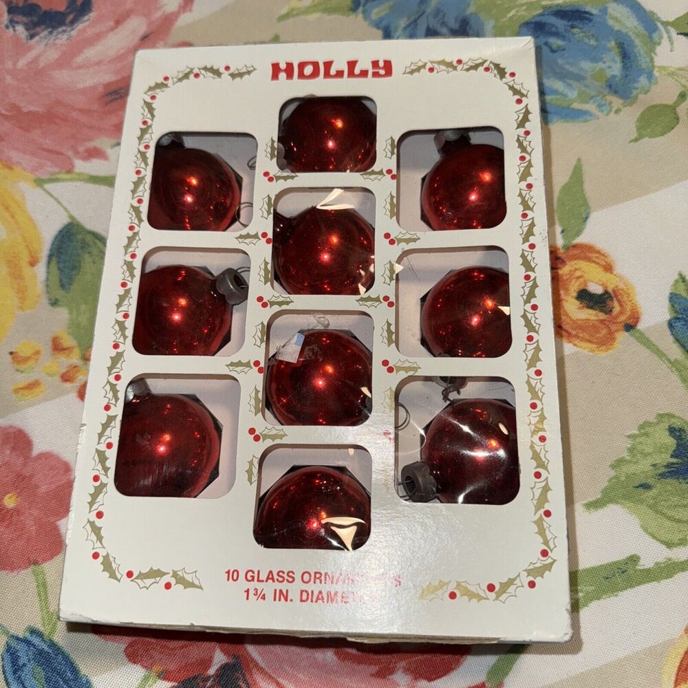 Vintage Holly Brand Red Glass Ornaments 1 3/4 Inch Balls 10 Balls Christmas Box